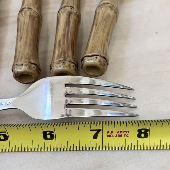 Vintage Faux Bamboo Stainless Steel Flatware 2 Dinner Forks + 4 Knives - Picture 8 of 9